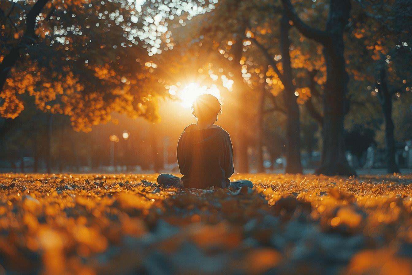 Silhouette m&eacute;ditant dans un parc aux feuilles dor&eacute;es