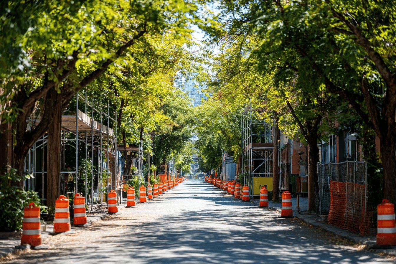 Rue bordée d'arbres avec plots de signalisation orange
