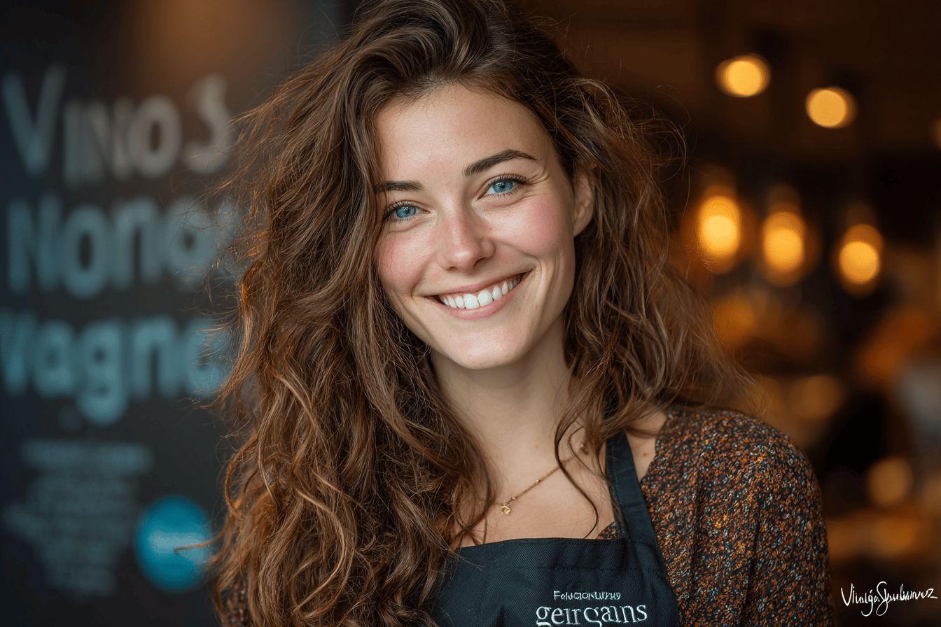 Jeune femme souriante dans un tablier, lumi&egrave;res dor&eacute;es en fond