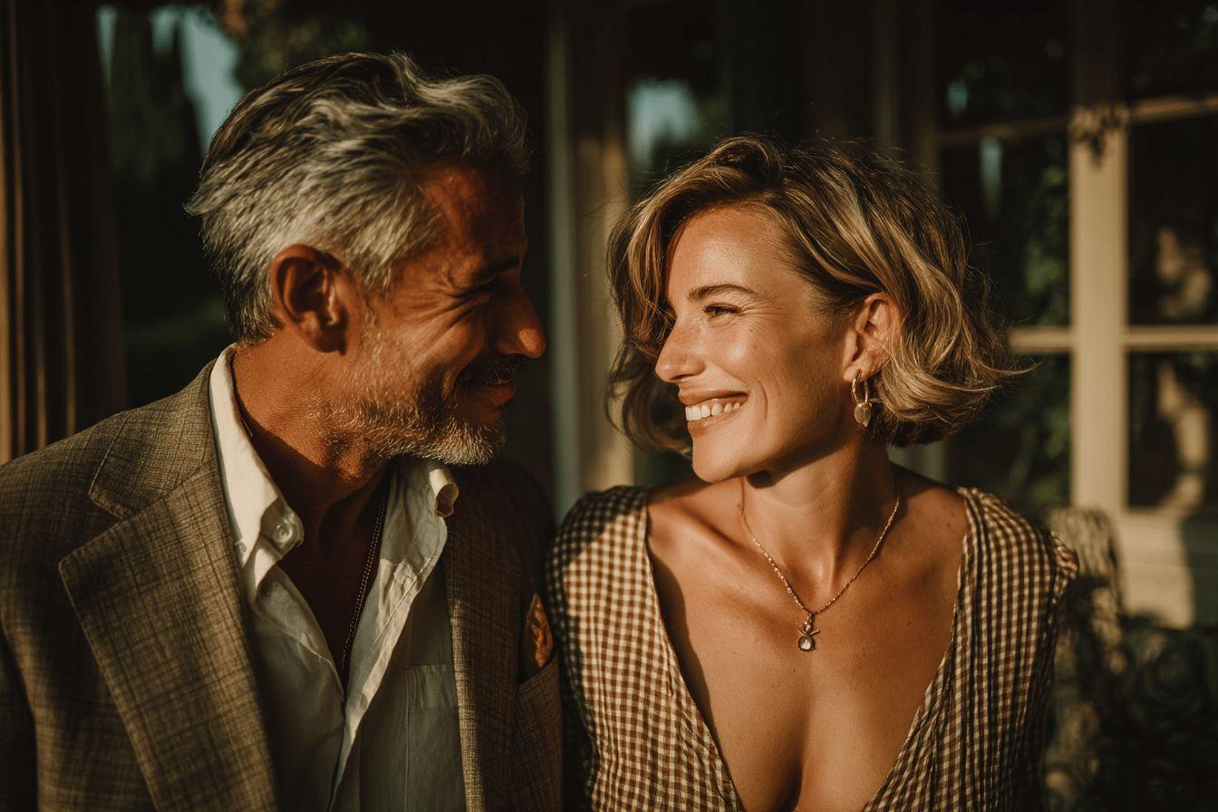 Couple d'&acirc;ge m&ucirc;r souriant ensemble dans une lumi&egrave;re dor&eacute;e