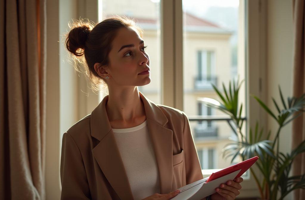 Femme en blazer beige réfléchissant avec document