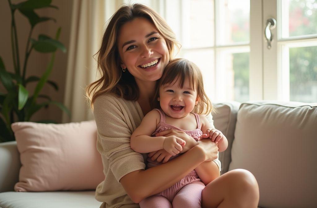Femme souriante étreignant un enfant sur un canapé lumineux