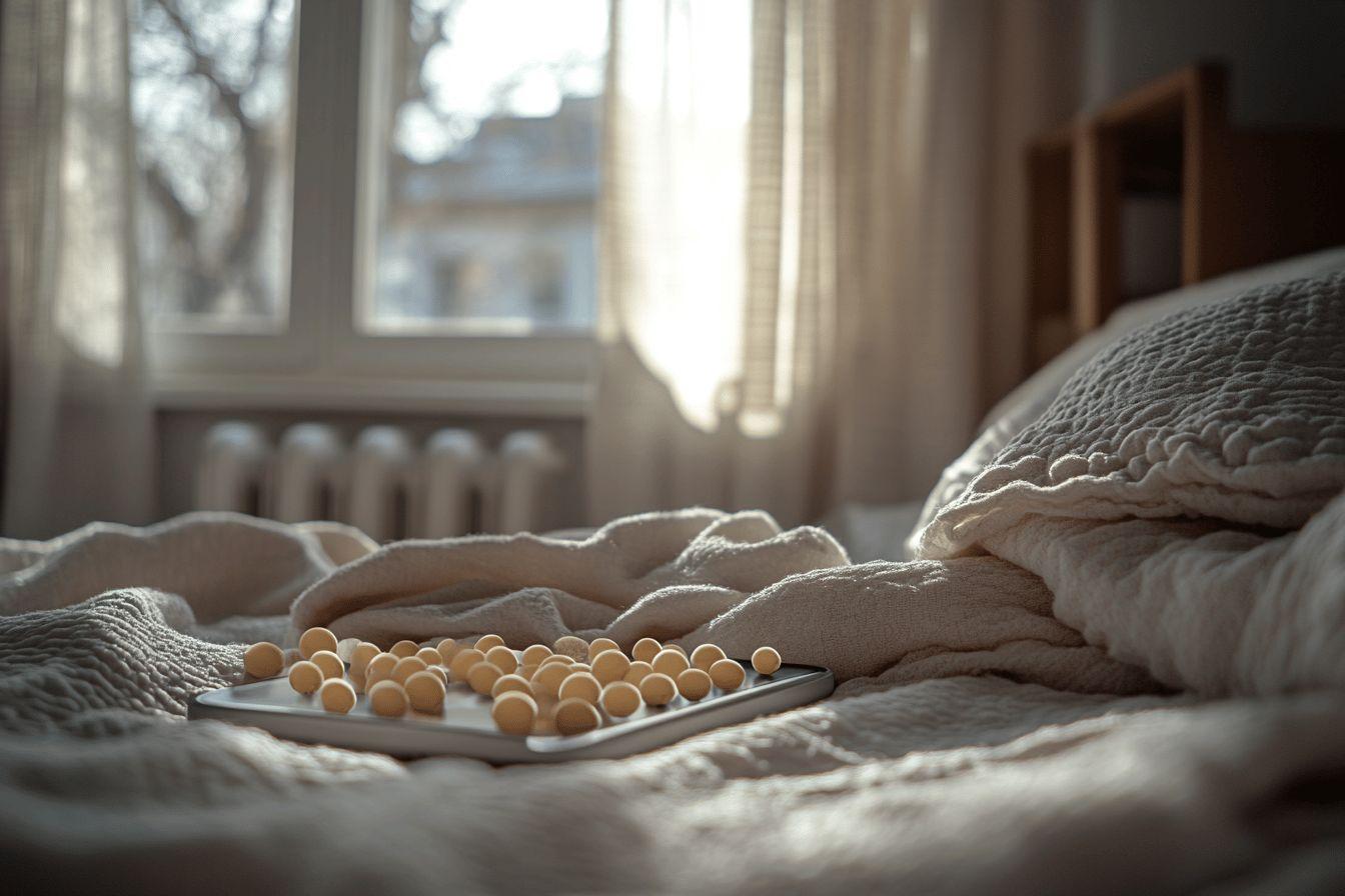 Plateau d'œufs beiges sur lit avec couverture texturée