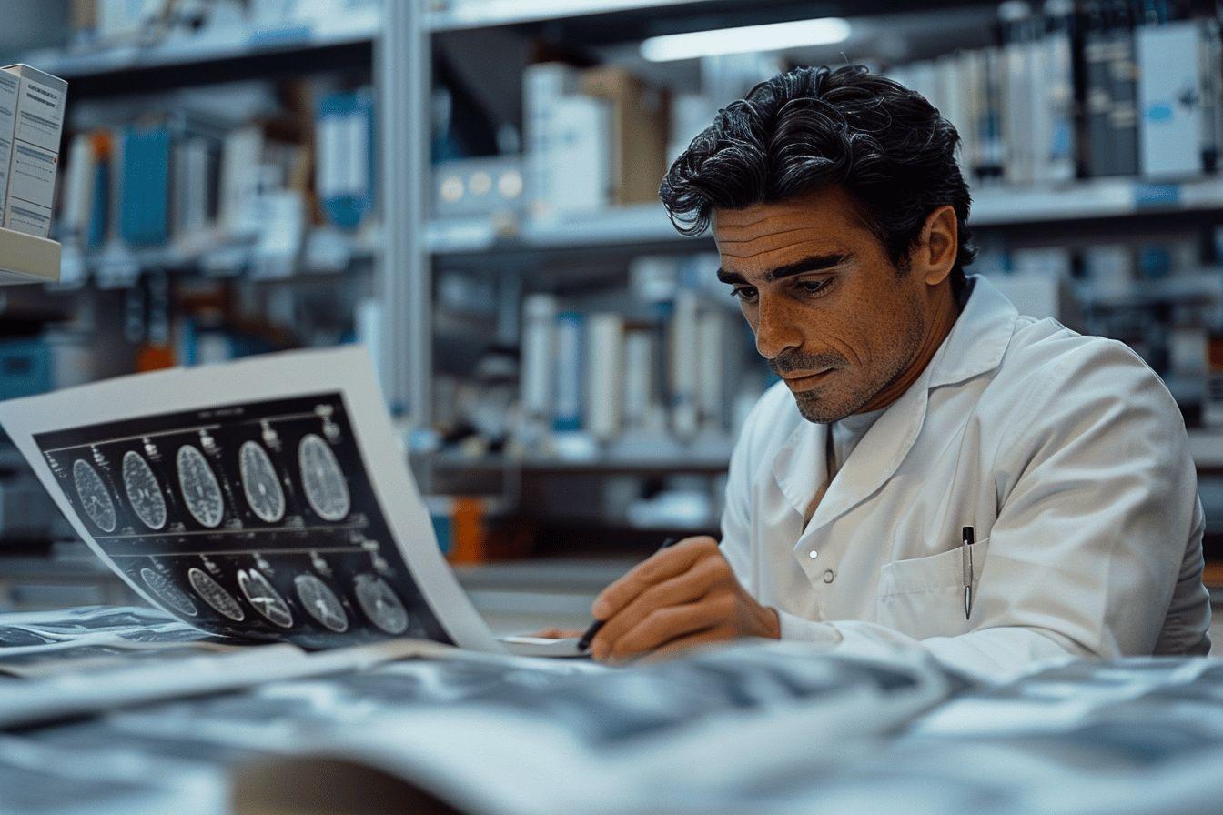 Un m&eacute;decin en blouse blanche examine attentivement des radiographies sur son bureau.