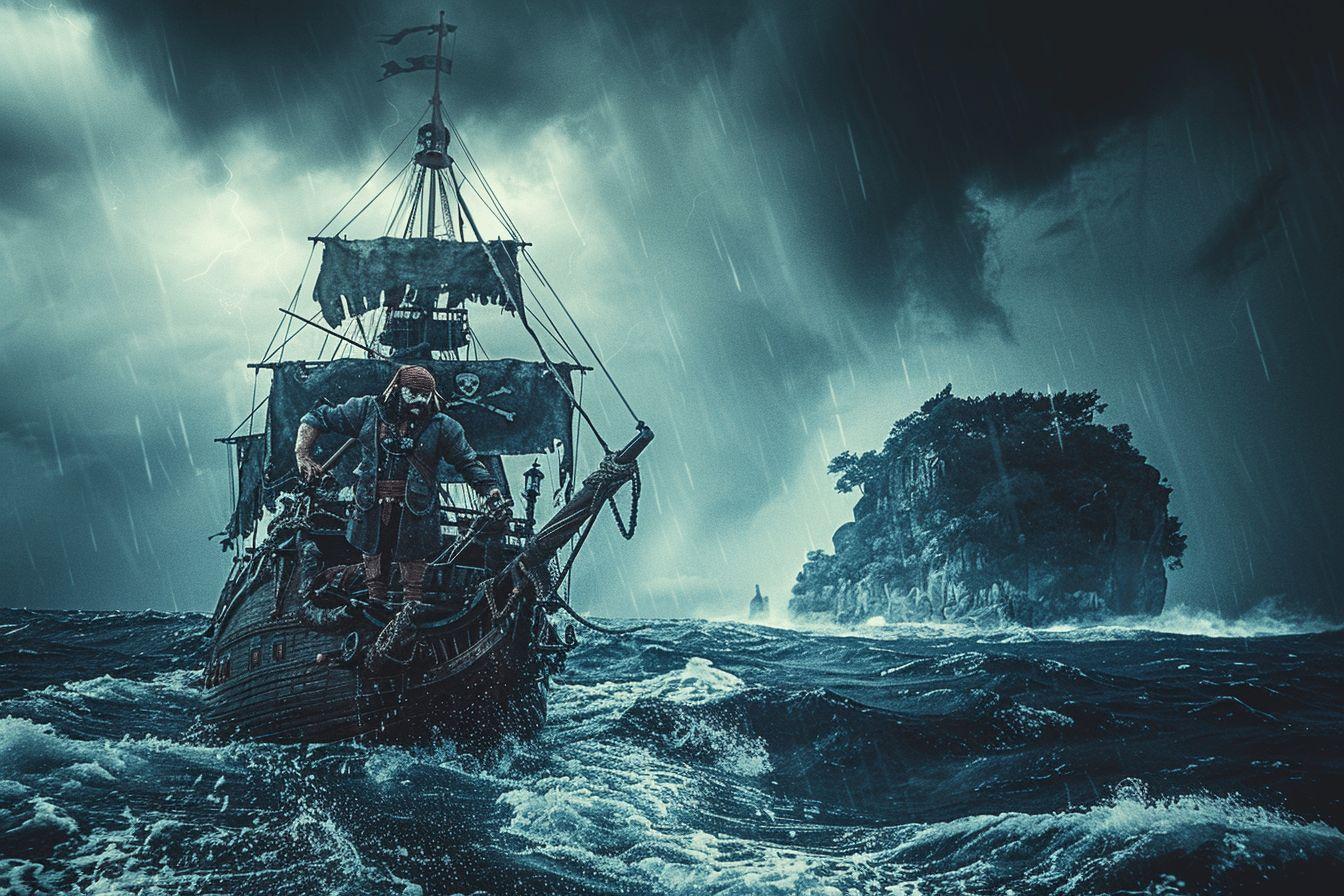 Bateau de pirates battu par les vagues sous un ciel sombre