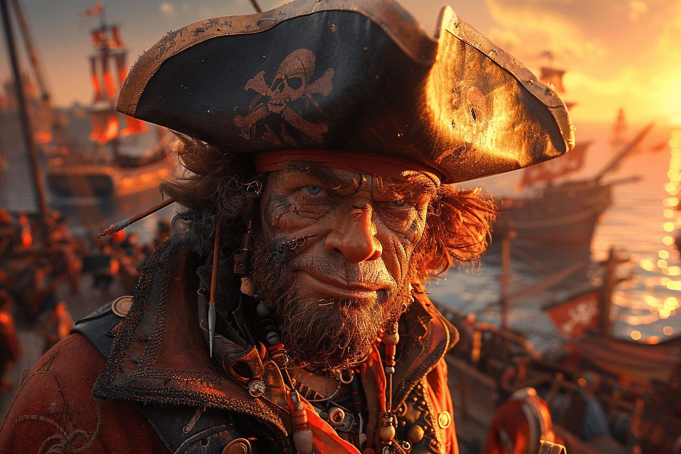 Portrait d&eacute;taill&eacute; d'un vieux pirate sur un navire au coucher du soleil