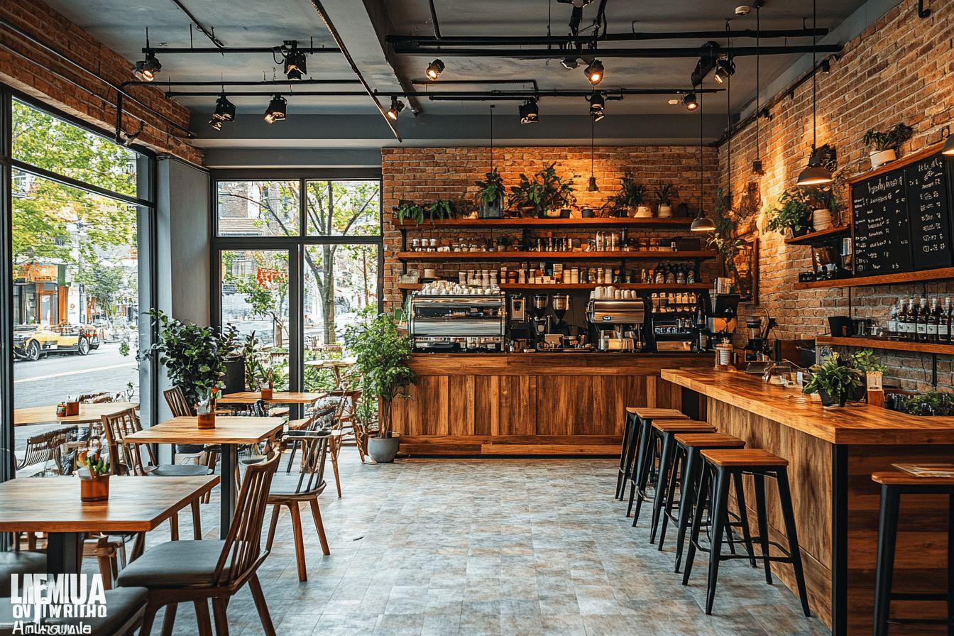 Int&eacute;rieur de caf&eacute; avec murs en briques et plantes vertes