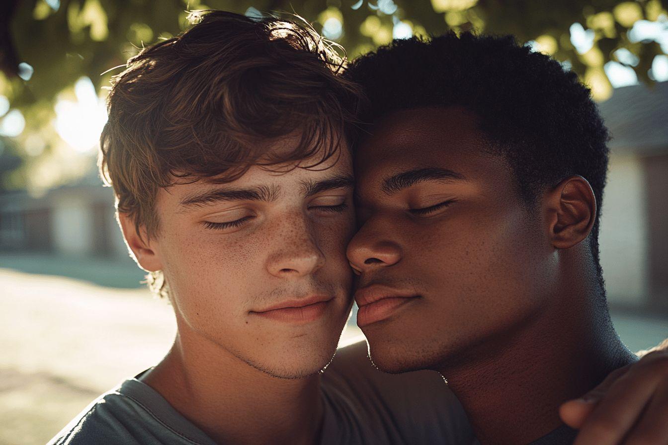 Deux jeunes hommes enlac&eacute;s, yeux ferm&eacute;s, lumi&egrave;re douce