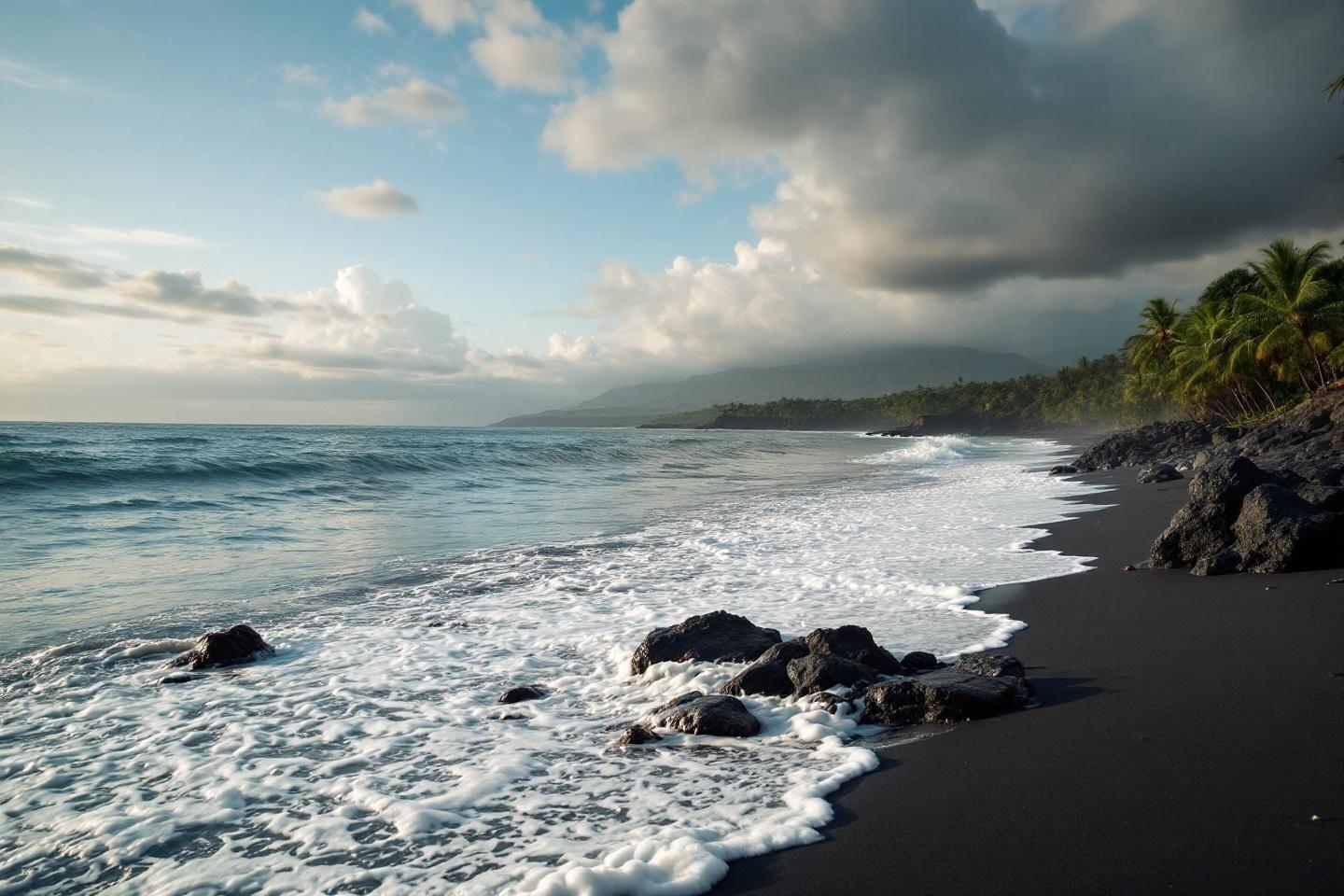 Vagues &eacute;cumantes sur plage noire avec palmiers et montagnes