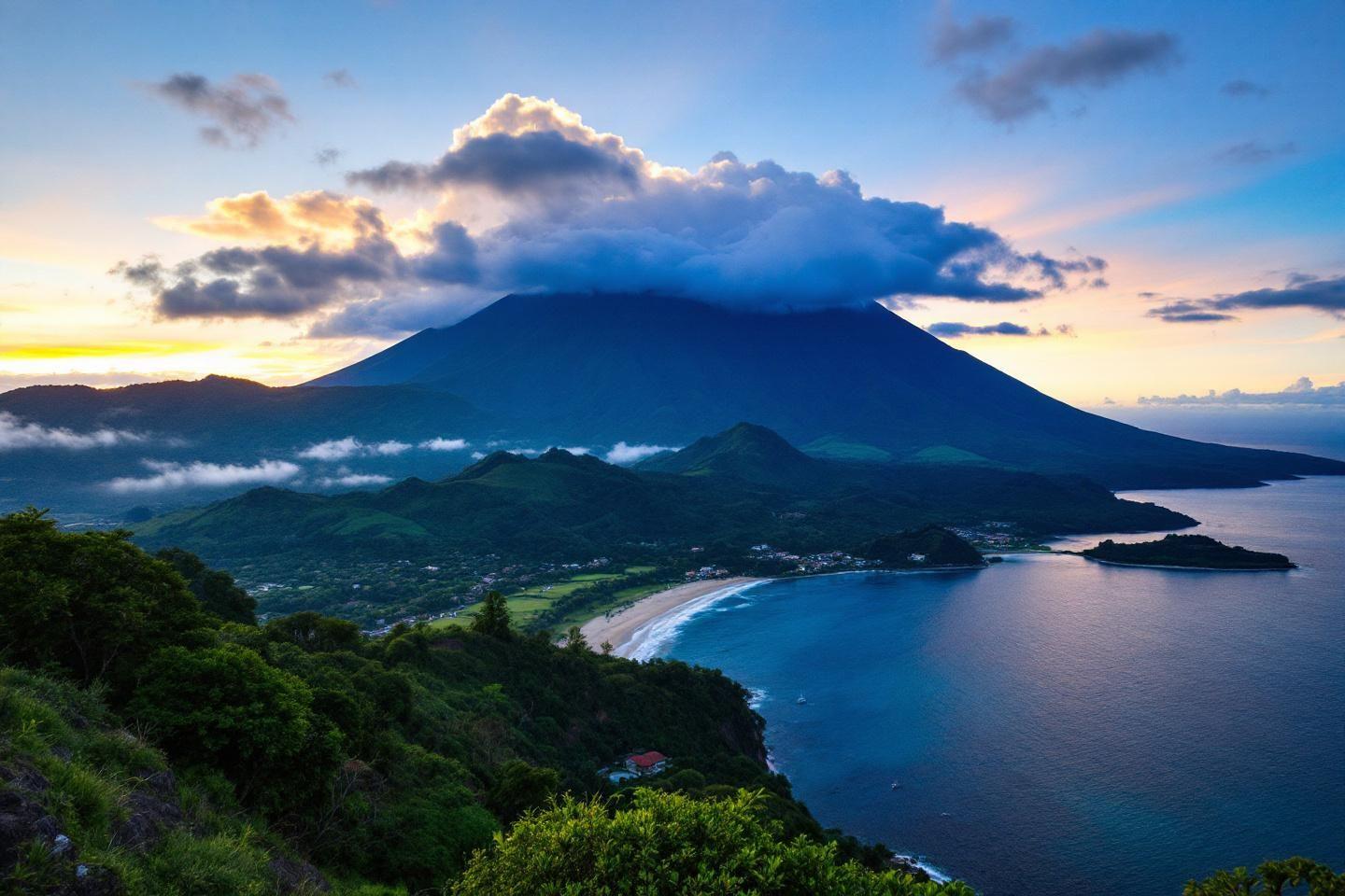 Vue panoramique d'un volcan verdoyant surplombant une baie bleue