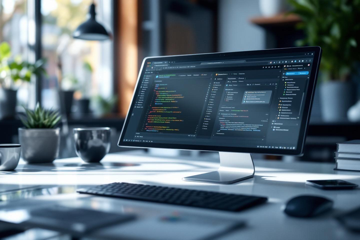 Écran d'ordinateur affichant du code avec un environnement de bureau