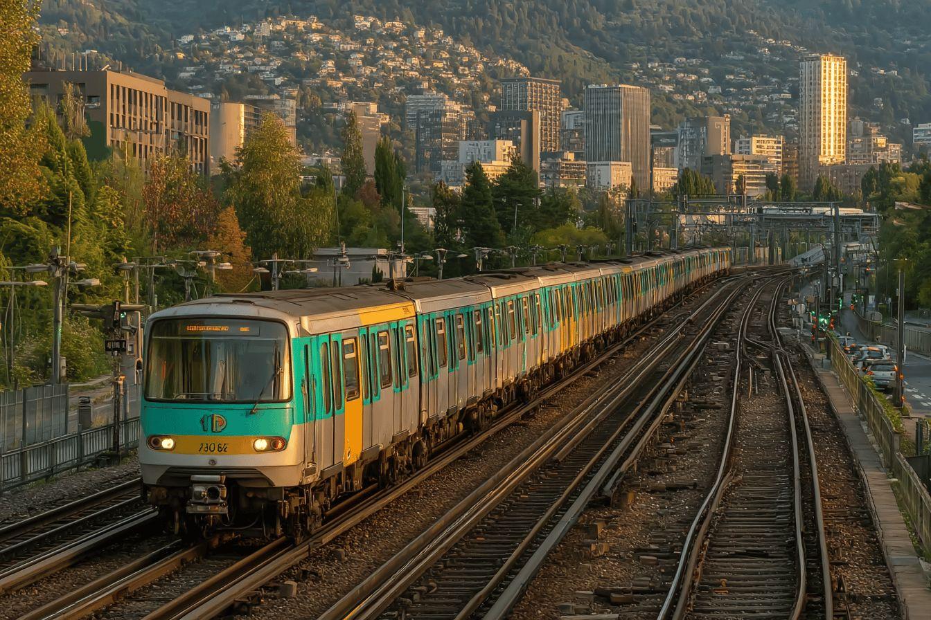 Train de m&eacute;tro vert et jaune roulant sur des voies ferr&eacute;es