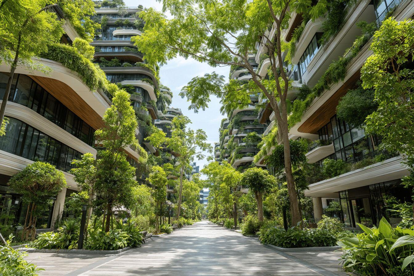 Immeubles avec v&eacute;g&eacute;tation luxuriante et arbres entre les b&acirc;timents