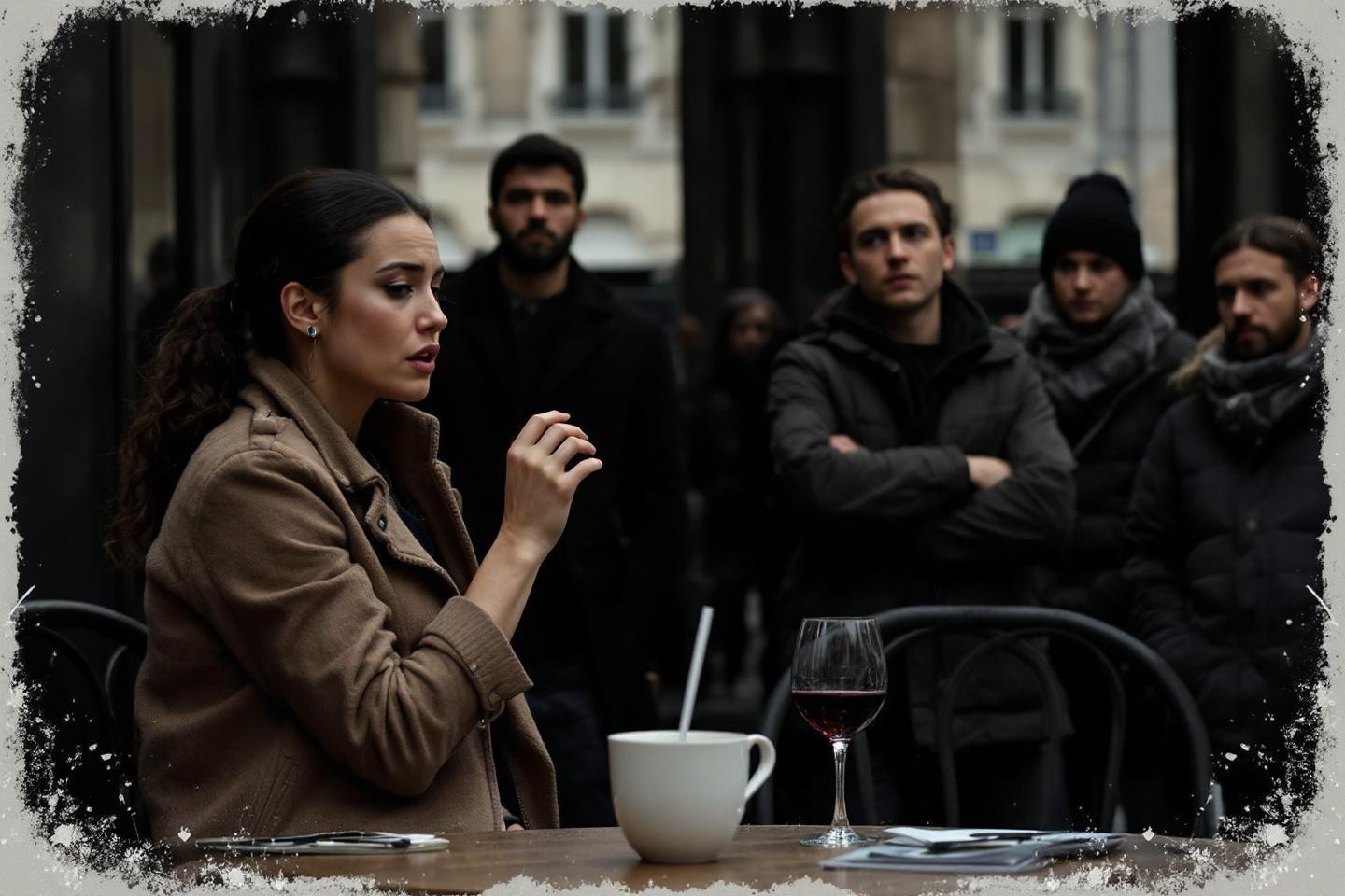 Femme et hommes en hiver, atmosph&egrave;re tendue autour d'une table