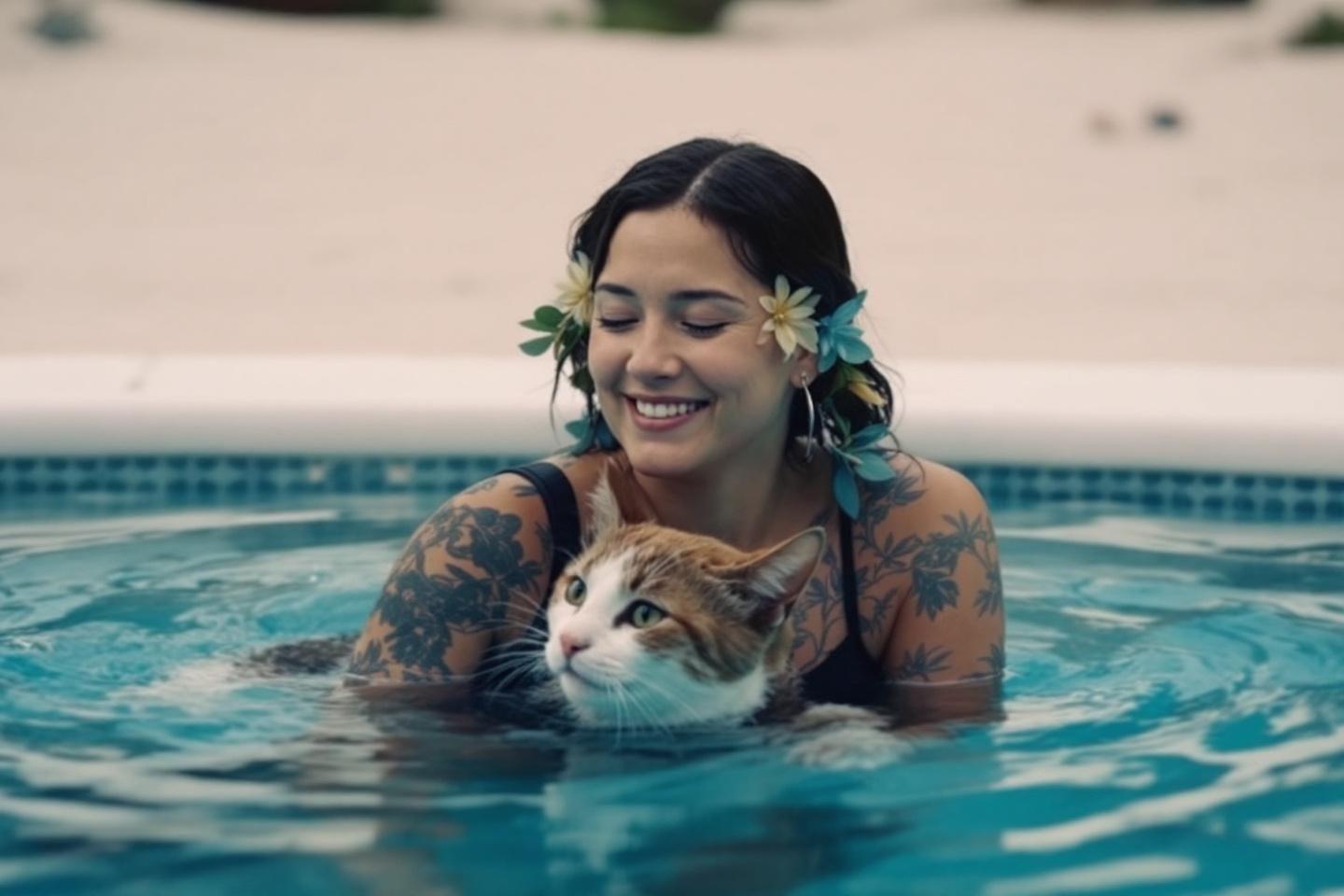 Une femme souriante avec un chat dans une piscine bleue