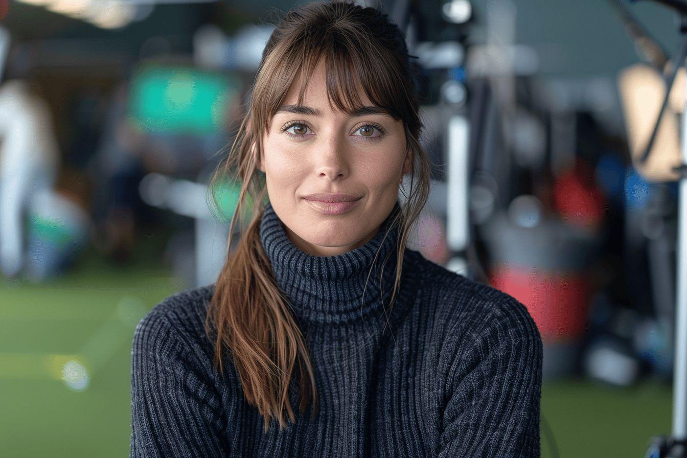 Portrait d'une femme aux cheveux bruns v&ecirc;tue d'un pull over gris