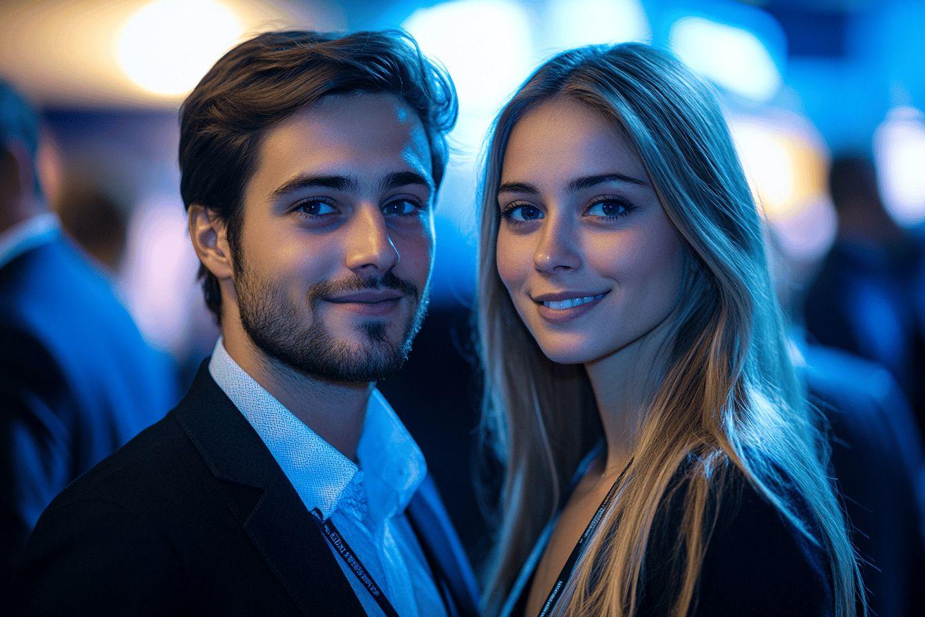 Deux professionnels &eacute;l&eacute;gants posant ensemble lors d'un &eacute;v&eacute;nement