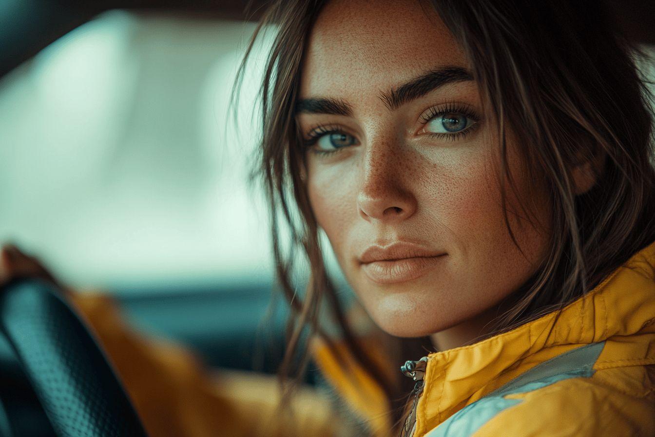 Portrait d'une femme au volant, regard d&eacute;termin&eacute;