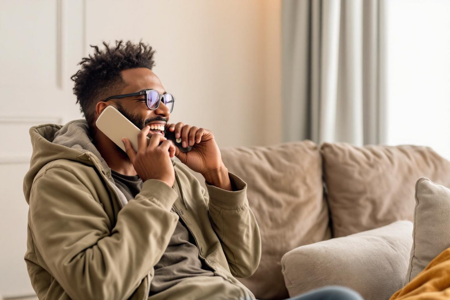 Homme souriant dans un hoodie vert, parlant au t&eacute;l&eacute;phone