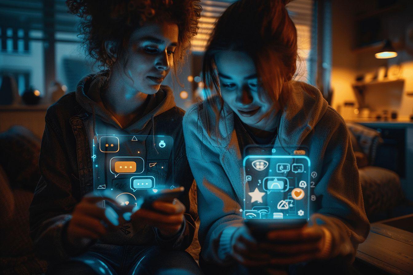 Deux personnes utilisant des smartphones avec des interfaces holographiques