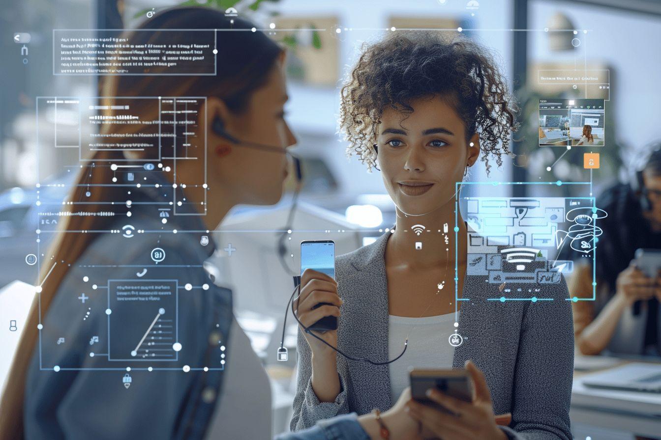 Deux personnes avec des interfaces technologiques futuristes