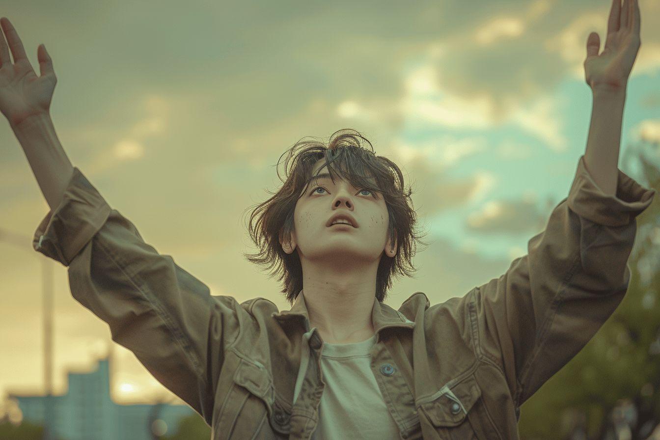 Jeune personne les bras lev&eacute;s vers un ciel nuageux