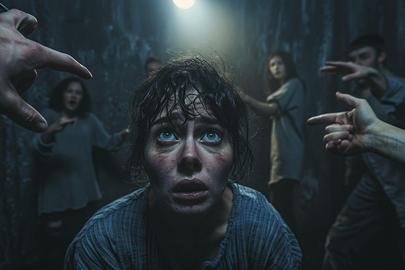 Personne effrayée entourée de mains tendues dans l'obscurité