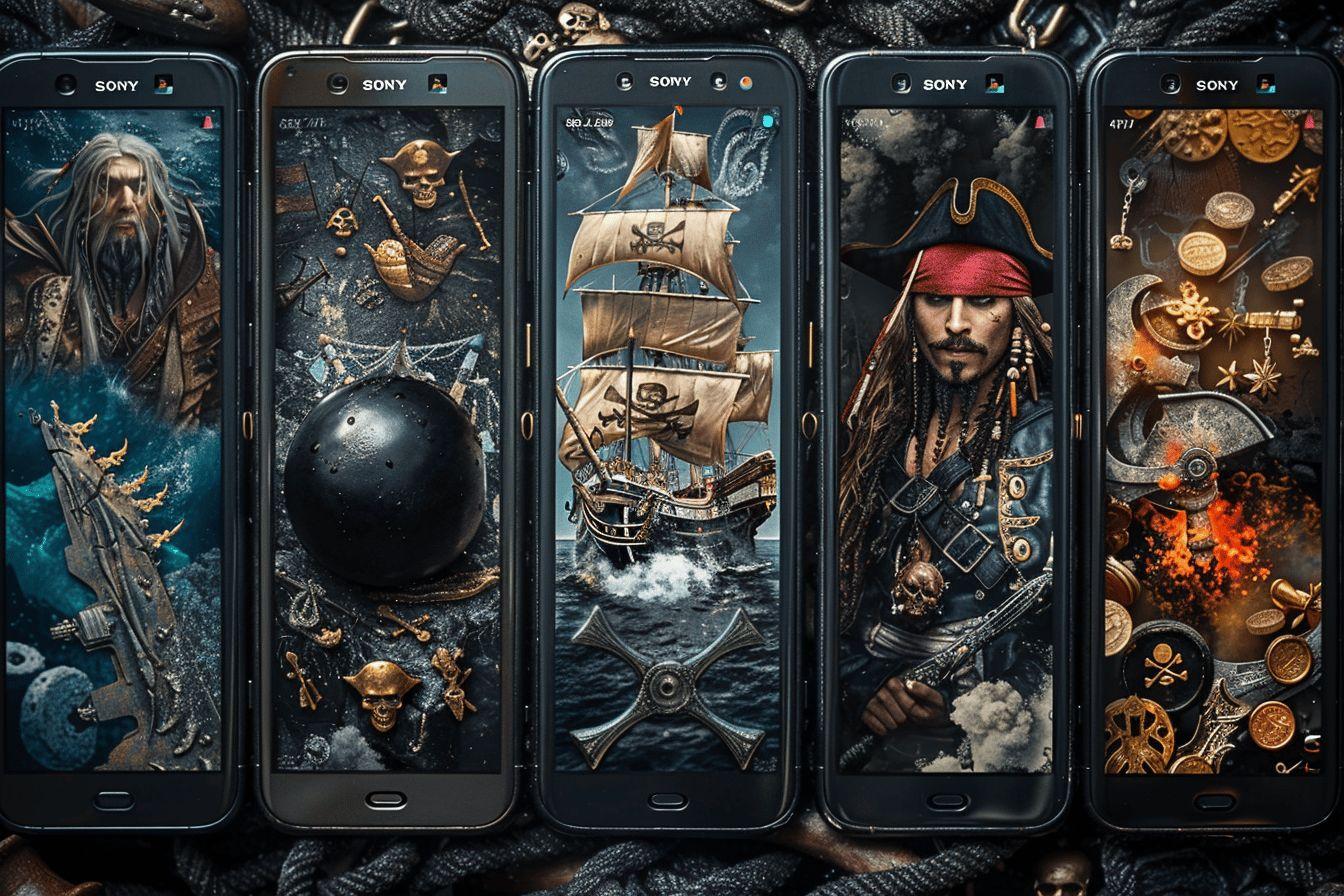 Cinq smartphones Sony affichant des sc&egrave;nes de pirates nautiques