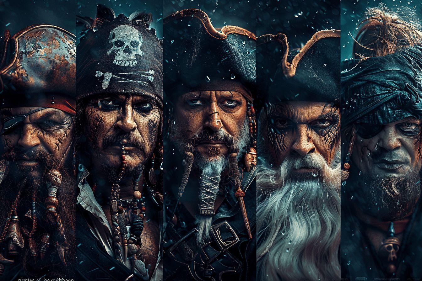 Cinq portraits d&eacute;taill&eacute;s de pirates avec des expressions intenses