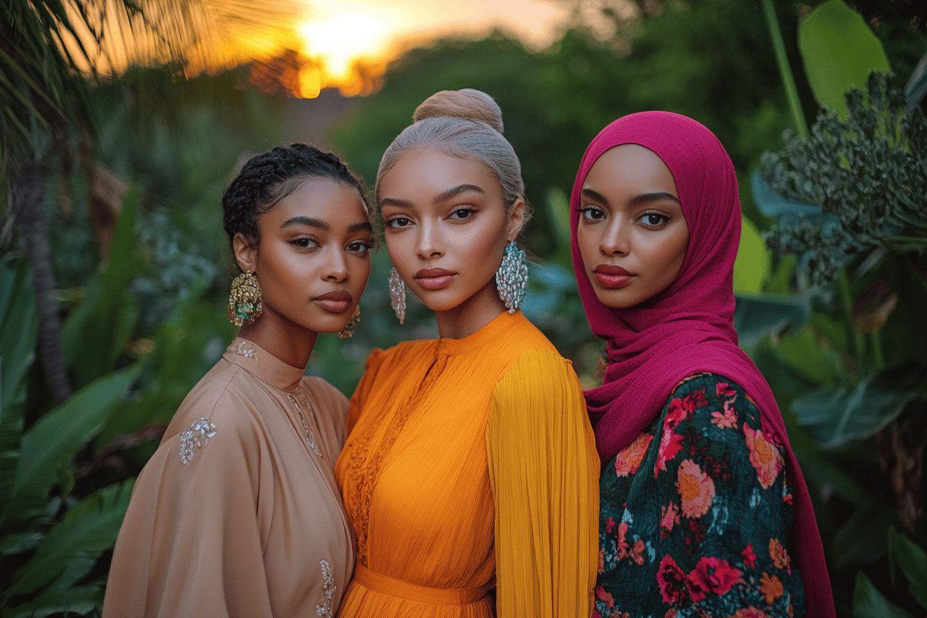 Trio de femmes en v&ecirc;tements color&eacute;s dans un jardin verdoyant