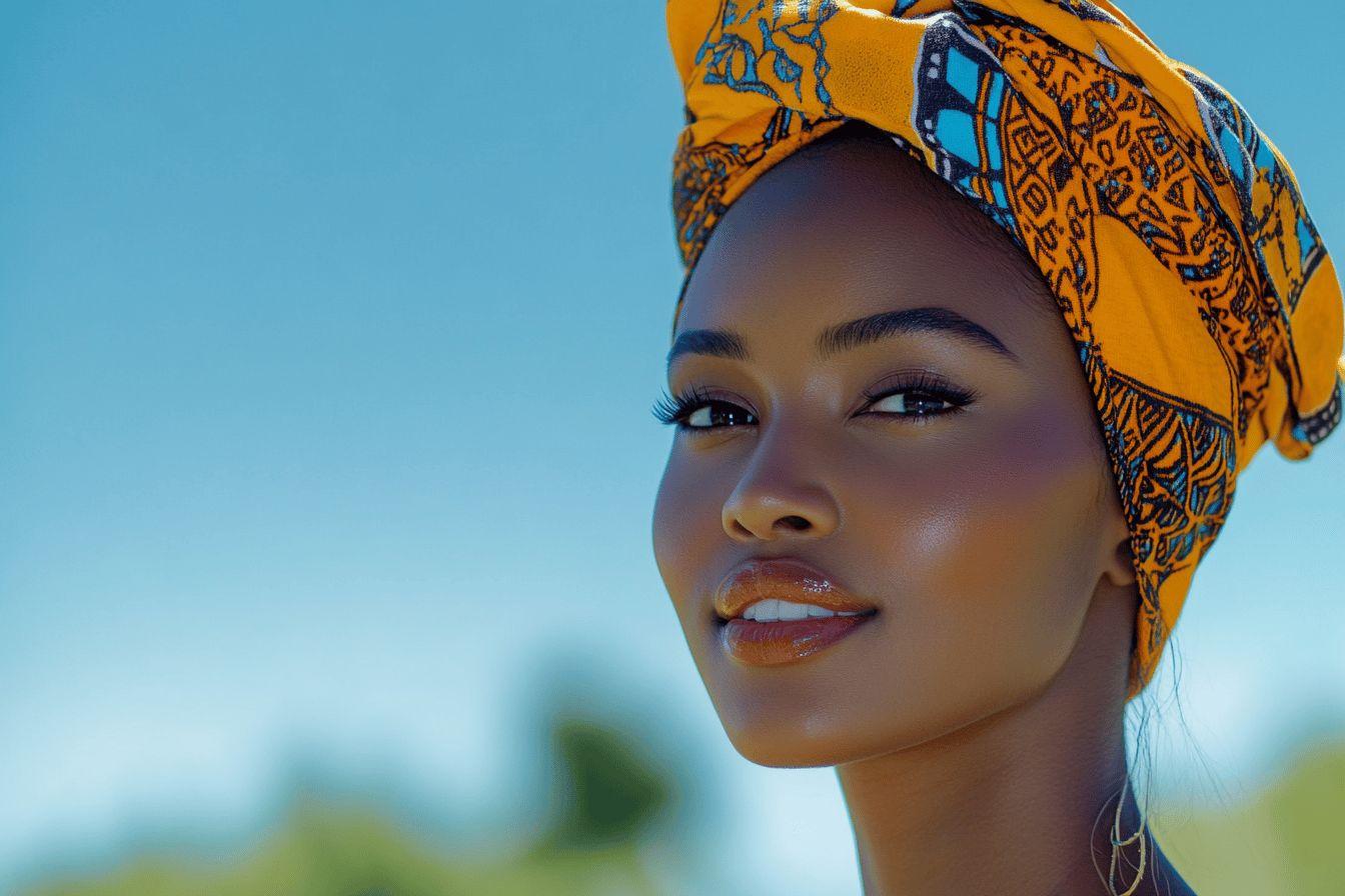 Portrait d'une femme avec un turban color&eacute;, regard intense