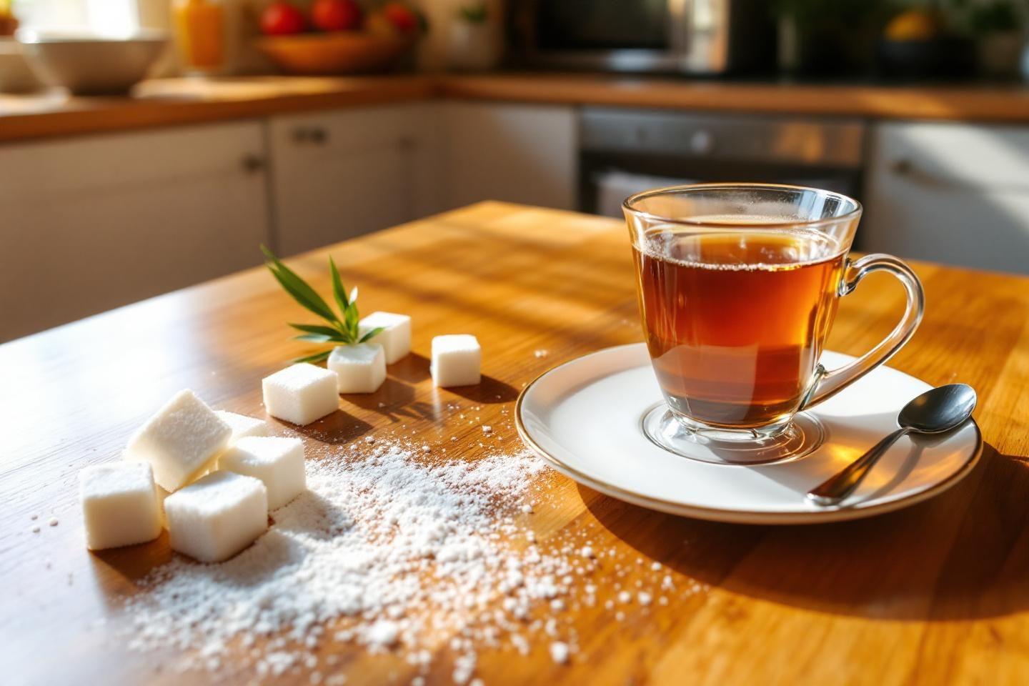 Tasse de thé transparent avec sucre sur table en bois