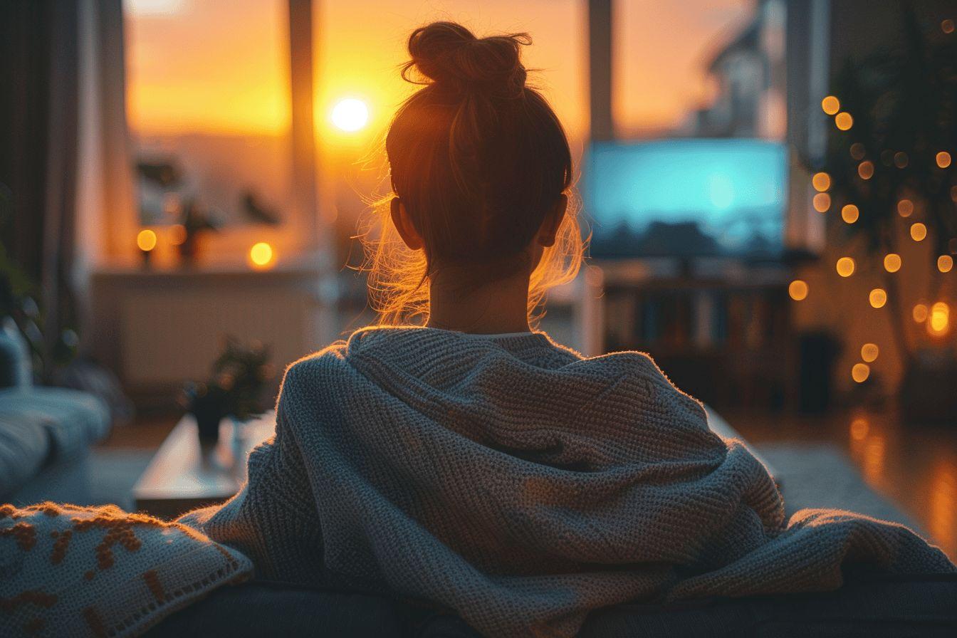 Dos d'une personne regardant le coucher de soleil confortablement