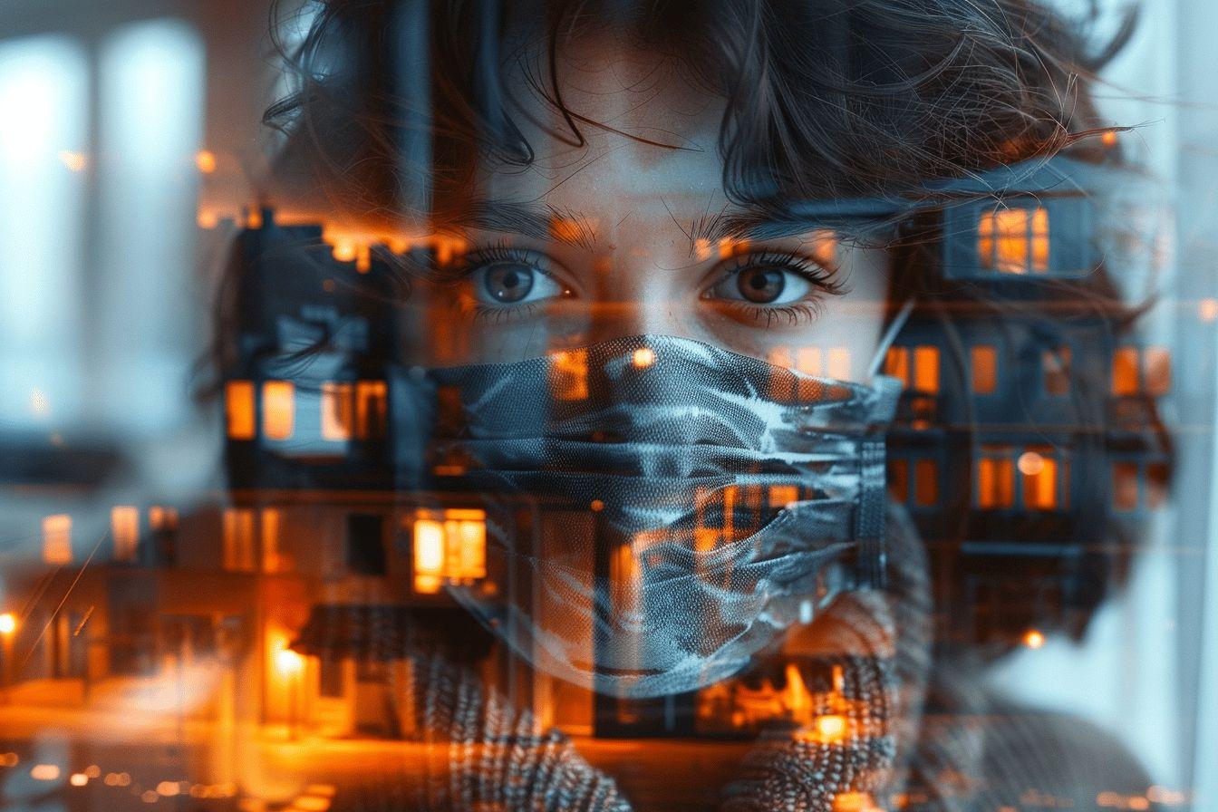 Double exposition d'un visage et de b&acirc;timents nocturnes