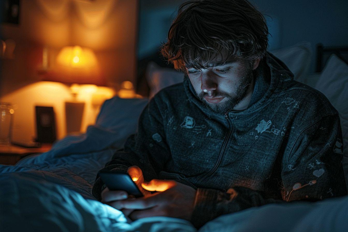Homme absorb&eacute; par son smartphone dans une chambre sombre