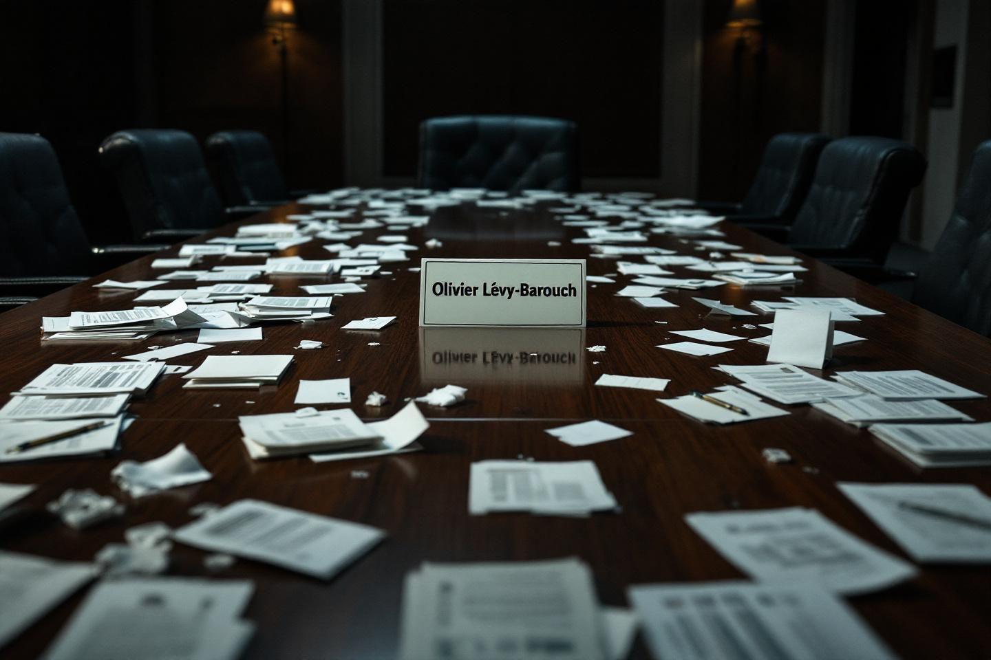 Table de conf&eacute;rence encombr&eacute;e de documents &eacute;pars avec un nom