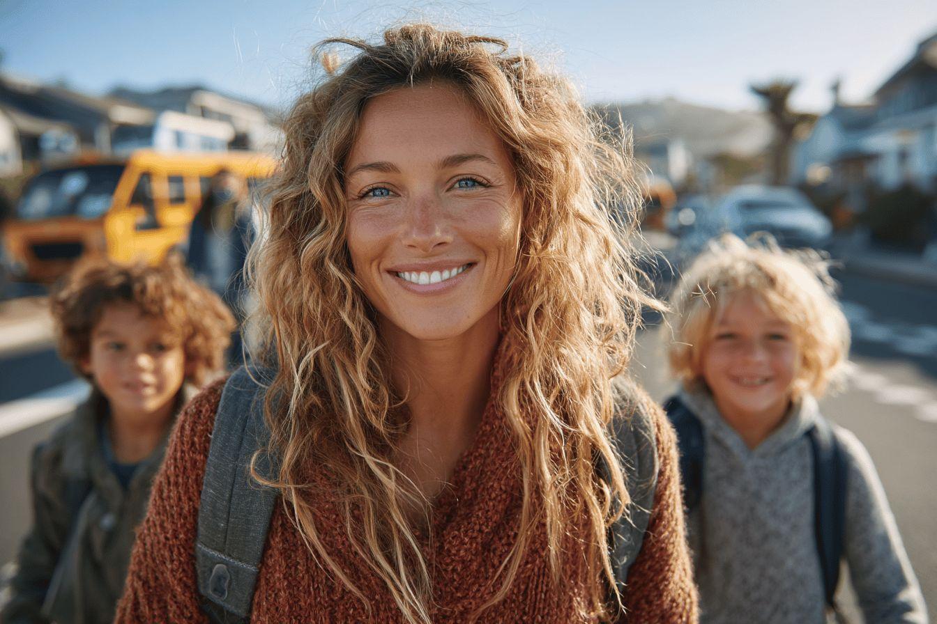 Femme aux cheveux bouclés avec deux enfants derrière elle
