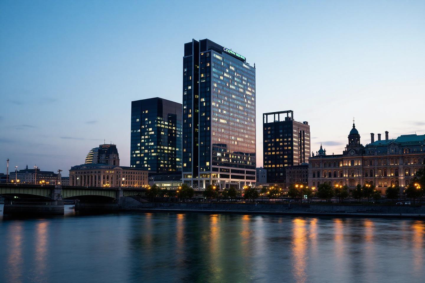 Gratte-ciels modernes surplombant une rivi&egrave;re calme au coucher du soleil