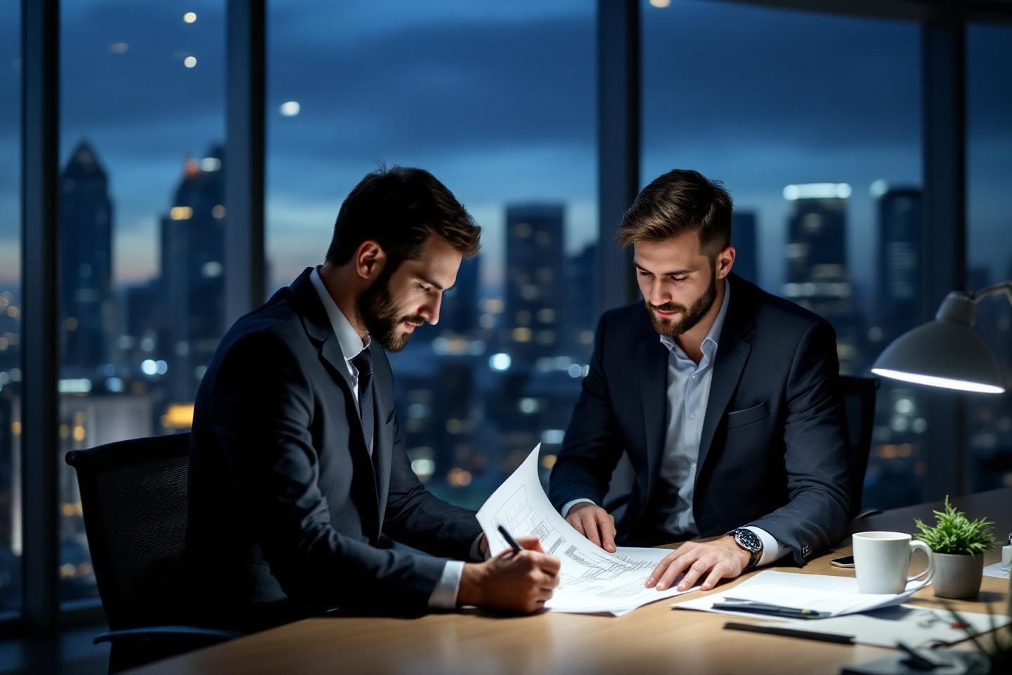 Deux hommes d'affaires travaillant tard dans un bureau avec vue