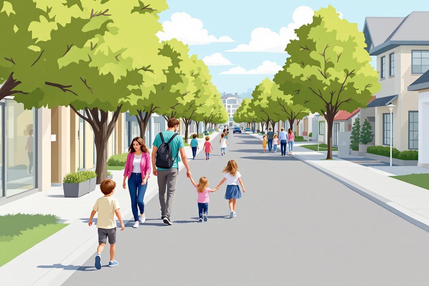 Parents et enfants marchant ensemble dans un quartier verdoyant