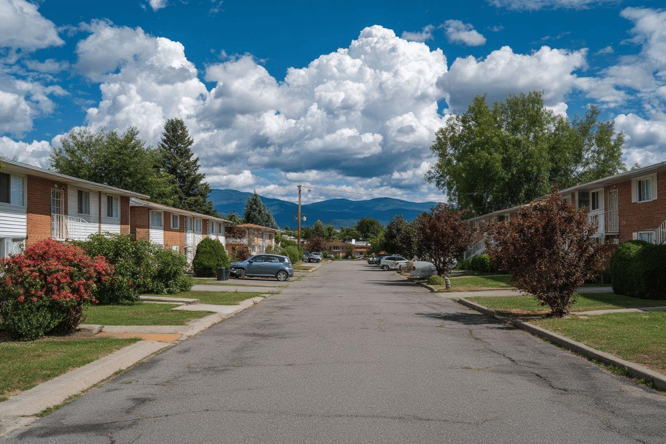 Immeubles de briques et route paisible avec nuages et montagnes