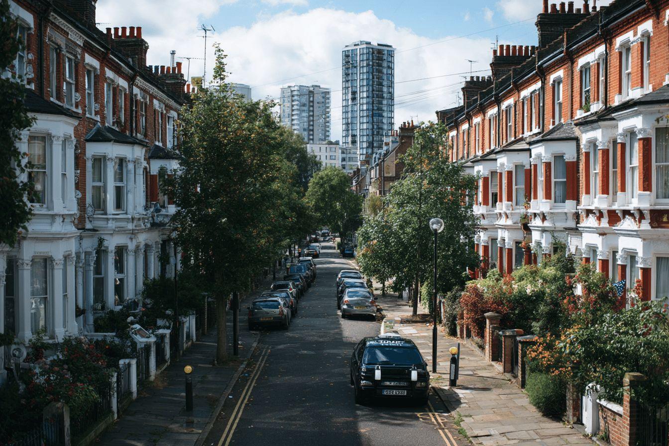 Rangées de maisons victoriennes avec immeubles modernes en arrière-plan