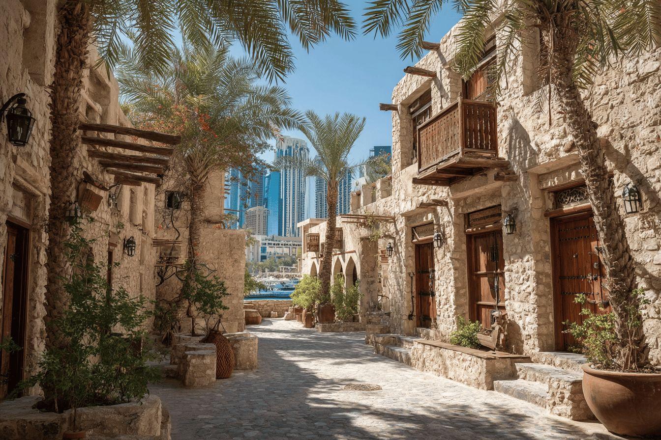 Ruelle de pierre avec palmiers et gratte-ciels modernes