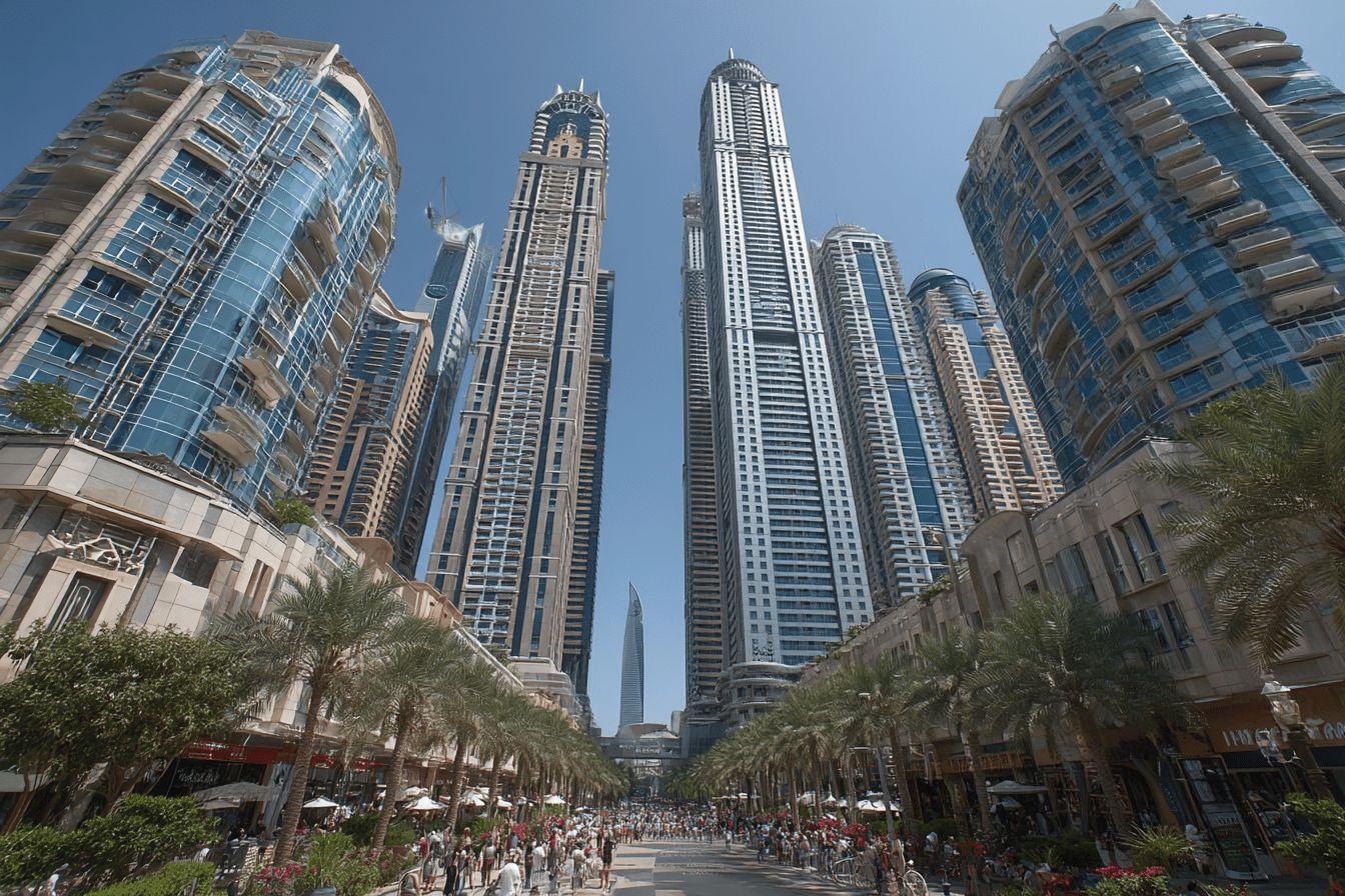 Vue sur les tours futuristes et la rue animée de Dubaï