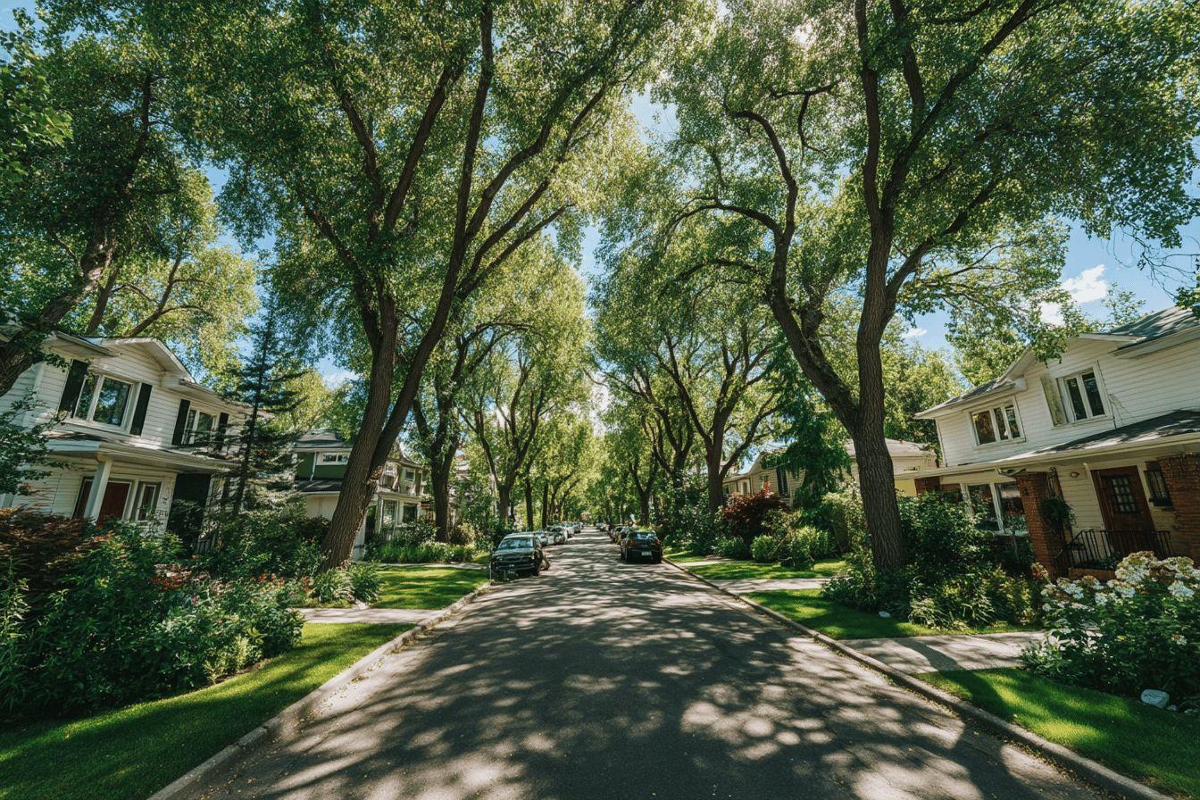 Rue paisible bord&eacute;e d'arbres avec maisons et voitures