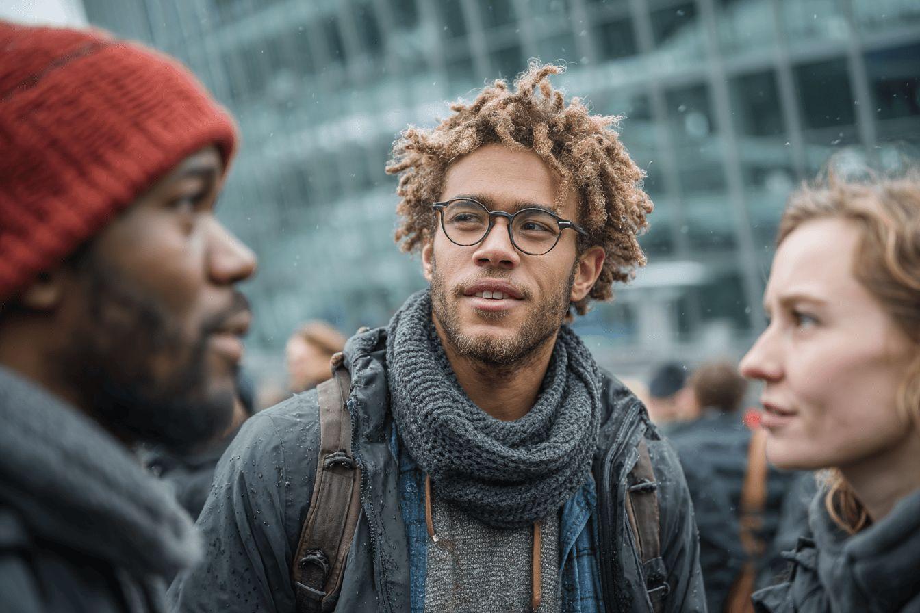 Trois personnes discutant dehors par temps pluvieux