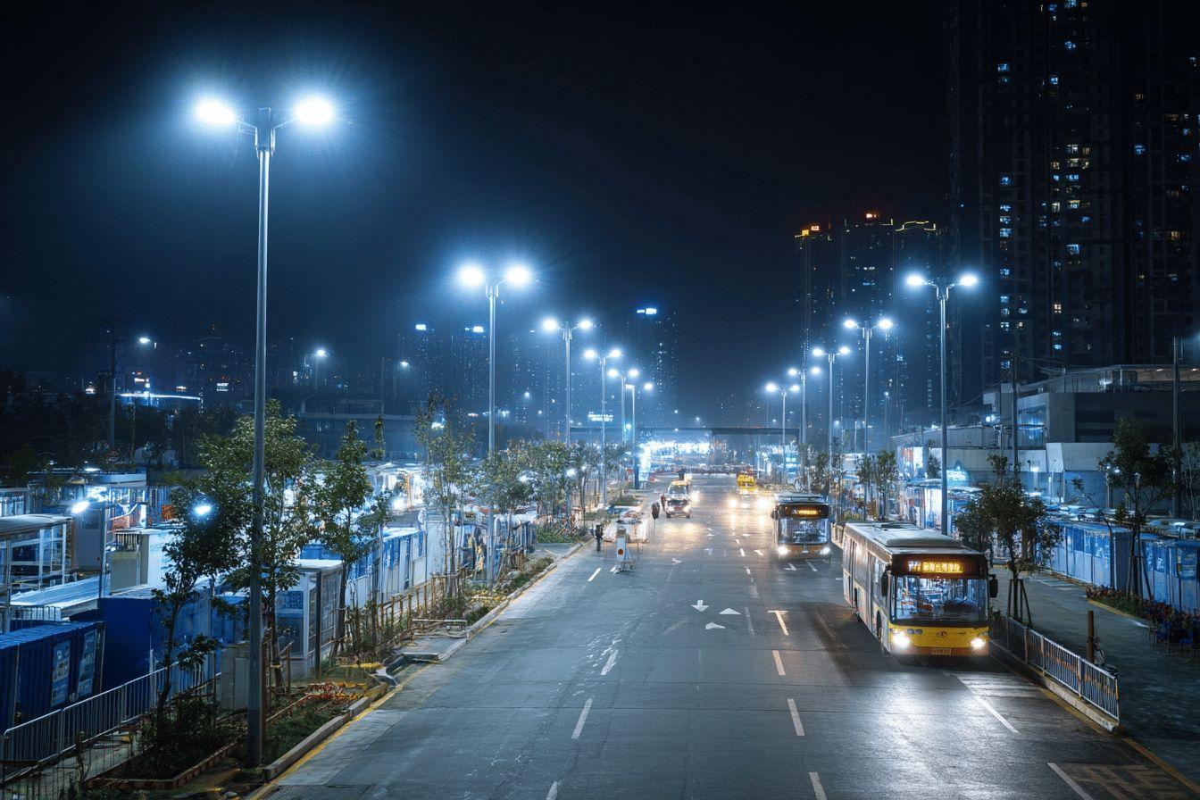 Route de ville la nuit avec lampadaires et bus &eacute;clair&eacute;s