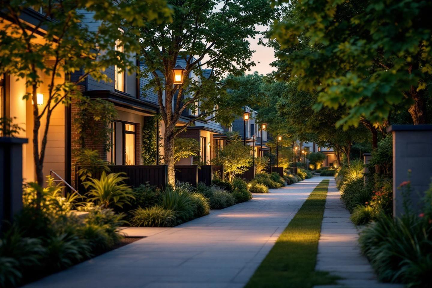 Rue bord&eacute;e de maisons &eacute;clair&eacute;es et d'arbres verdoyants