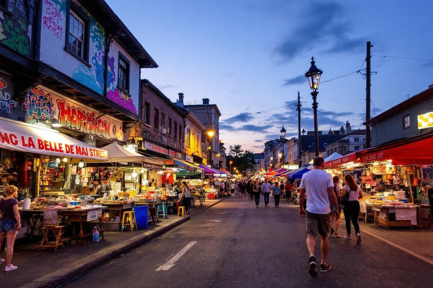 Étal de marché illuminé avec passants dans rue crépusculaire