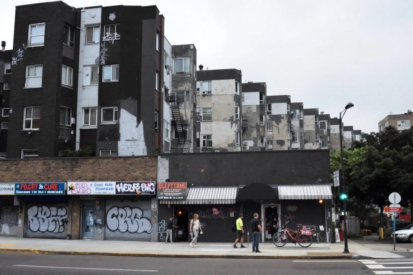 Bâtiments gris avec magasins fermés et passants sur trottoir
